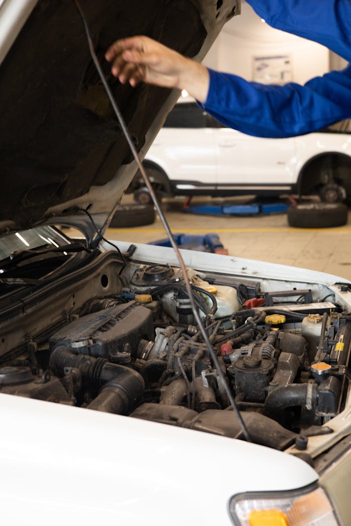 Services Close-up of mechanic inspecting car engine under open hood in an auto repair shop.